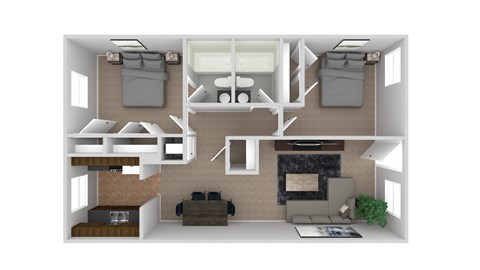 A 3D rendered image of a modern apartment layout.